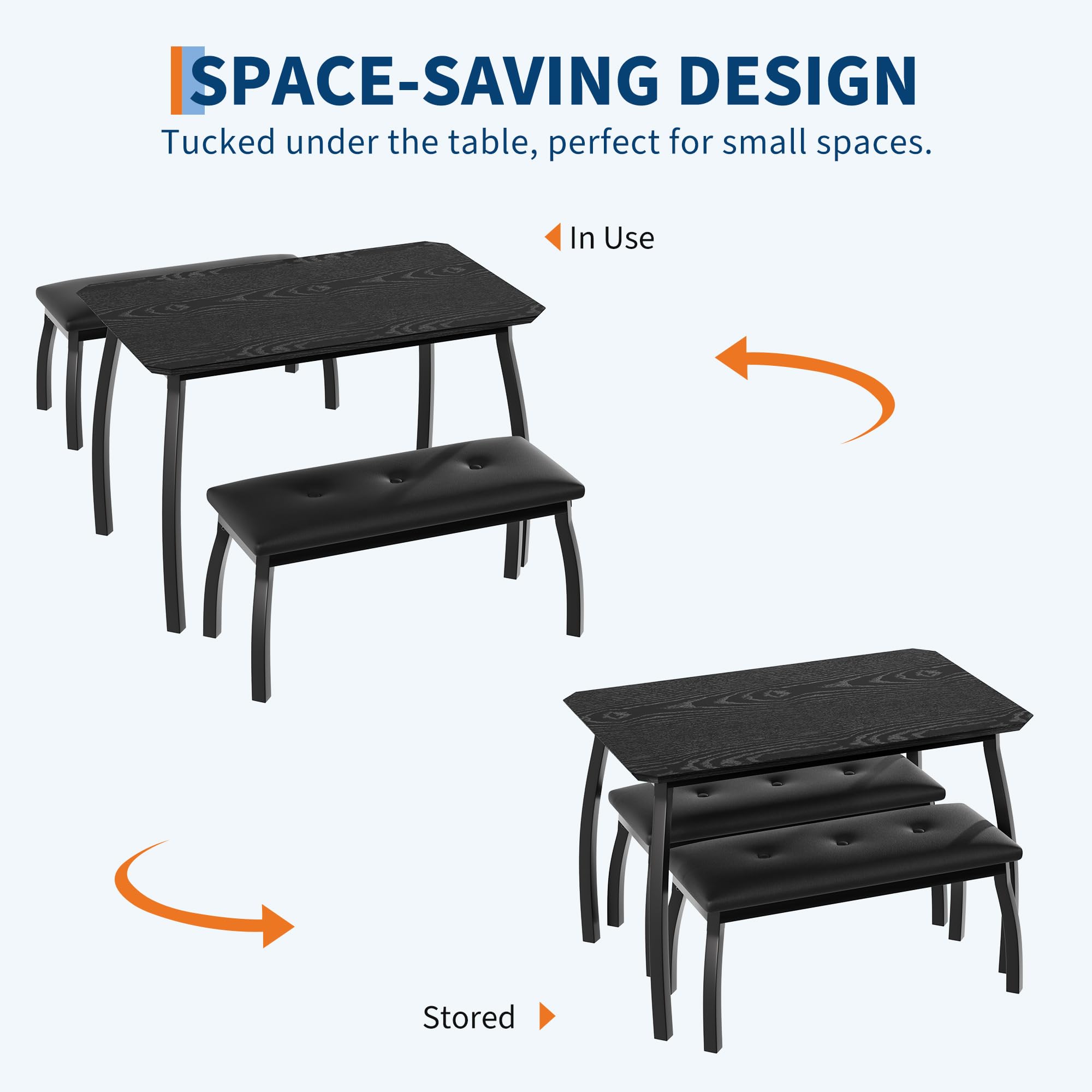 Crevyteg Space Saving Dining Table Set for 4, Modern Kitchen Table and Bench Set with Slide Under Benches for Small Apartments and Breakfast Nooks