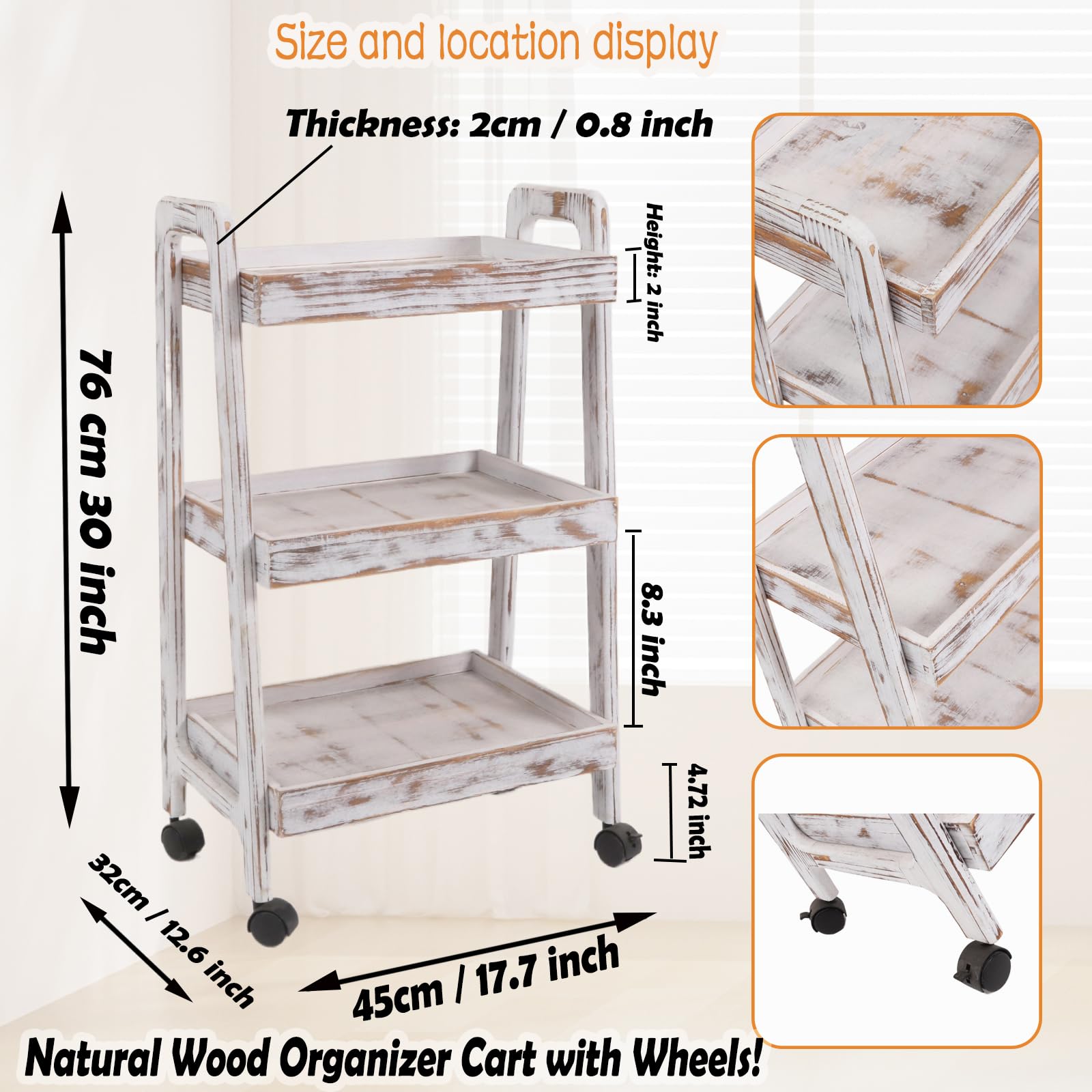 lamde 3-Tier Wooden Rolling Cart- Wooden Utility Cart wit Wheels- Utility Rolling Cart-Storage Trolley Organizer- Rolling Kitchen Cart Serving Cart