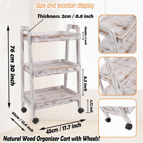 lamde 3-Tier Wooden Rolling Cart- Wooden Utility Cart wit Wheels- Utility Rolling Cart-Storage Trolley Organizer- Rolling Kitchen Cart Serving Cart