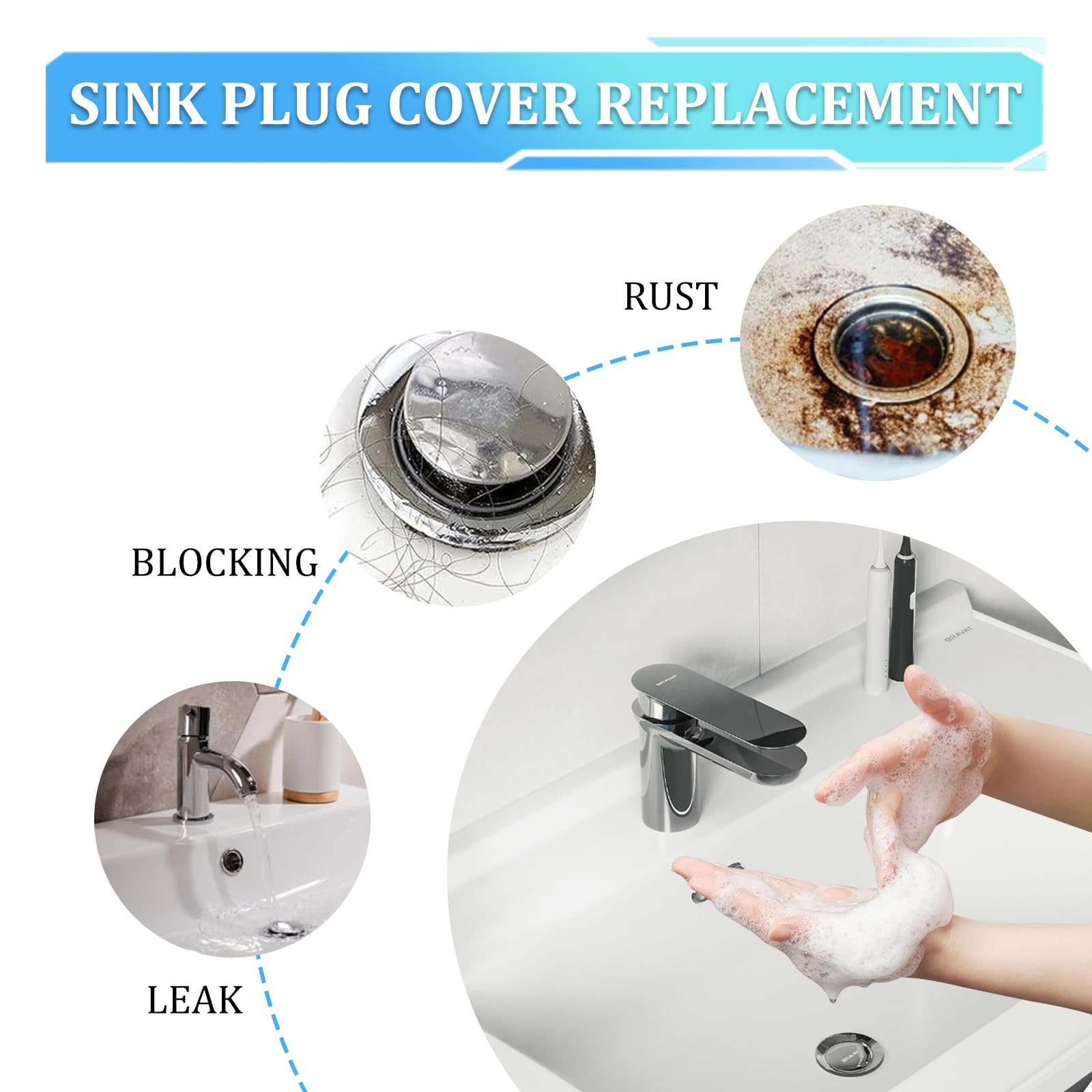 35mm Push Button Pop Up Sink Plug Replacement, Bathroom Sink Plug Click Clack Plug for 36mm Drain Hole with 37.2mm Washer
