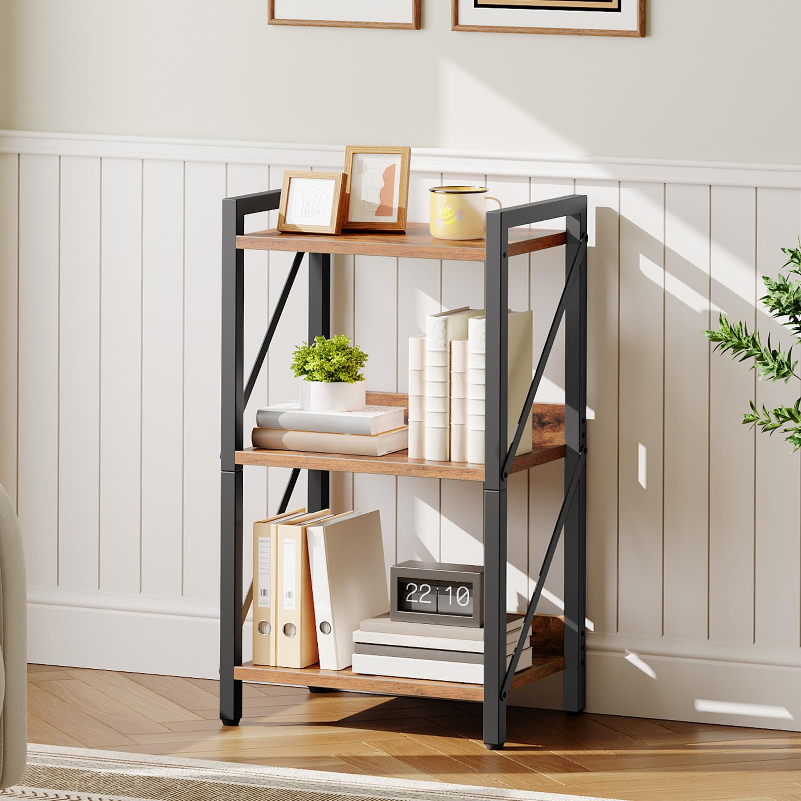 HOOBRO 3-Tier Bookshelf, Industrial Corner Bookcase, Display Rack, Metal Frame, for Living Room, Bedroom, Office, Kitchen, Entryway