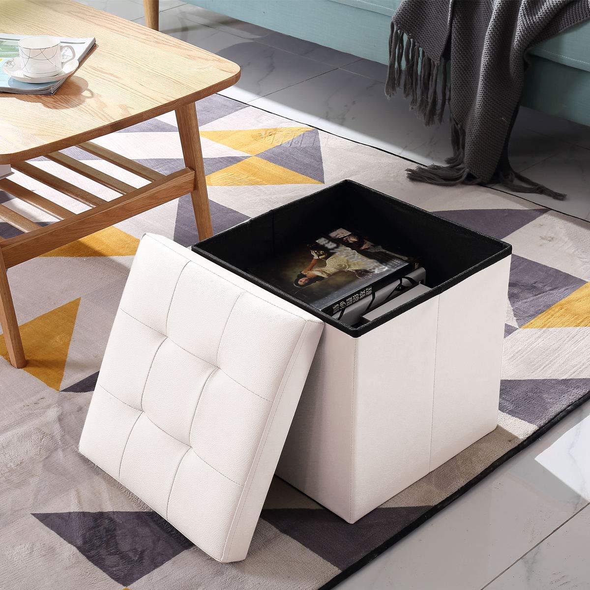 BRIAN & DANY Folding Ottoman Storage Box with Lid, Faux Leather Footstool Toy Storage Box Storage Seat 38 x 38 x 38 cm (White)