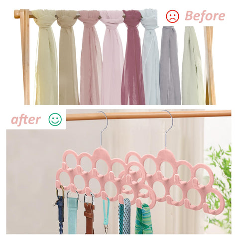 ManGotree Velvet Scarf Storage Hangers with 11 Loops and Hooks 2 Pack Pink