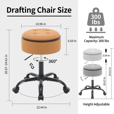 FIRAVOE Drafting Chair with Wheels (Stool & Small Table in One) (Adjustable Office Chair 52.5–62.5 cm), Caramel Brown Rolling Stool with Storage