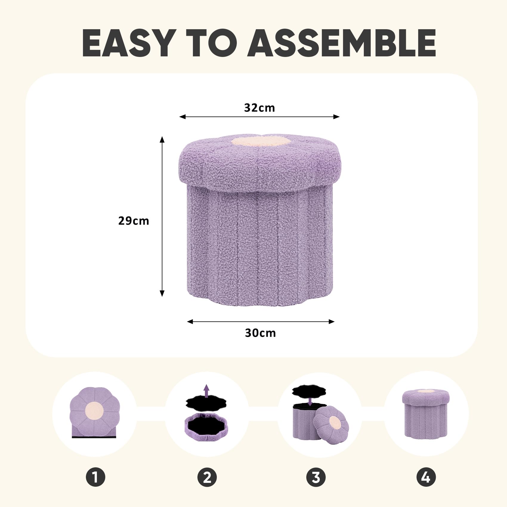 PINPLUS Small Folding Storage Ottoman with Lid, 32x32x29 cm, Purple