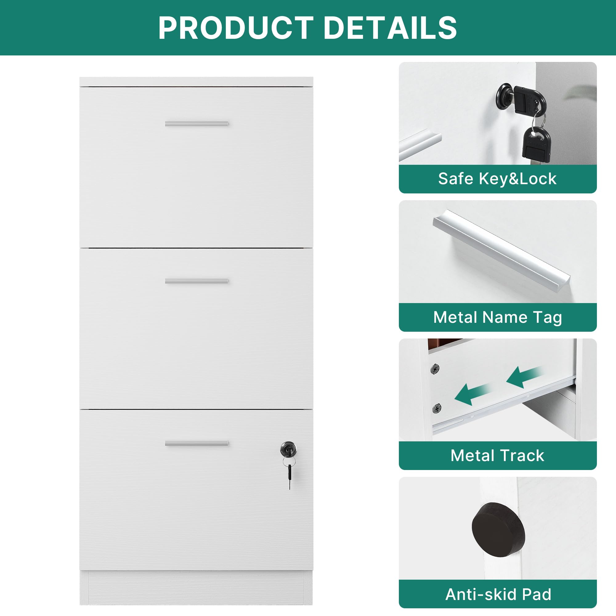 YITAHOME Lockable File Cabinet with 3 Drawers, White