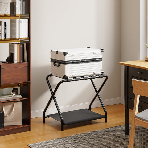 HOOBRO Luggage Rack, Folding Suitcase Stand with Fabric Storage Shelf