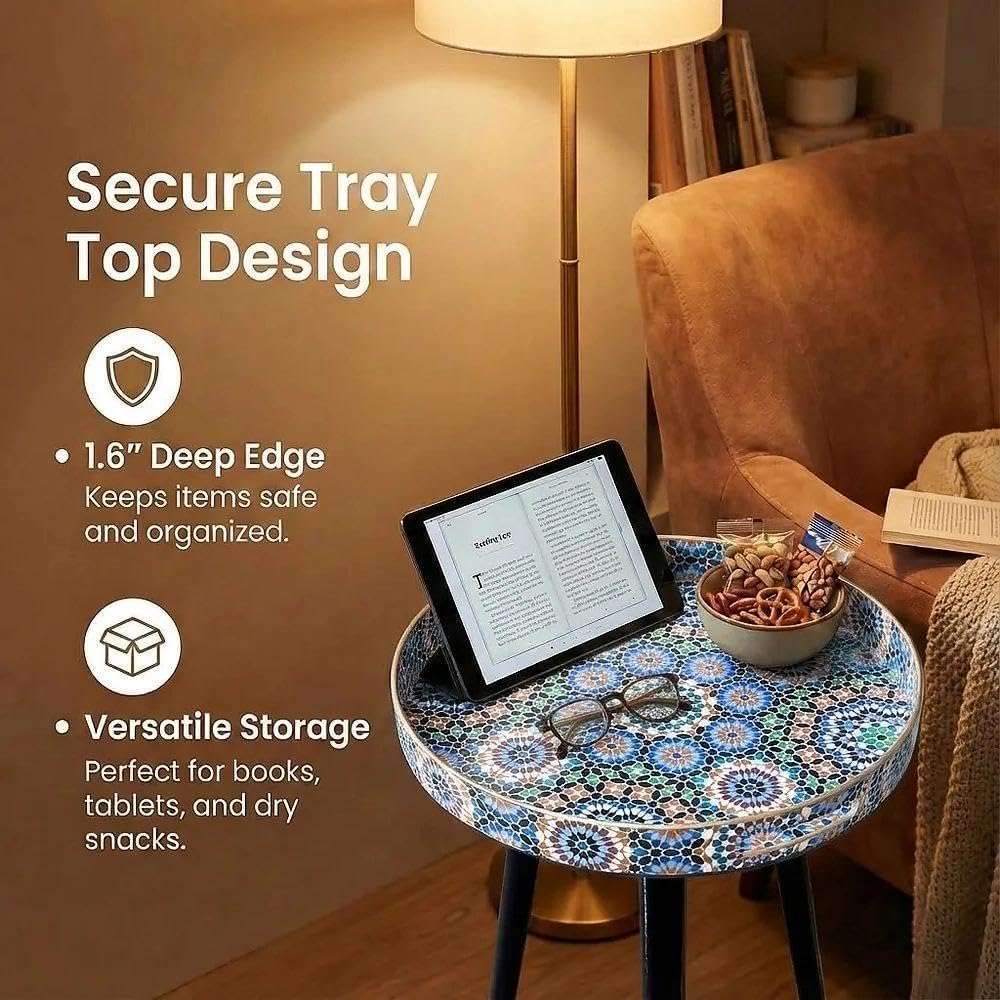 Simmer Stone Round Indoor Side Tables with Detachable Wooden 3 Legs, Versatile Tray Table, Perfect For Round Coffee Table Tea