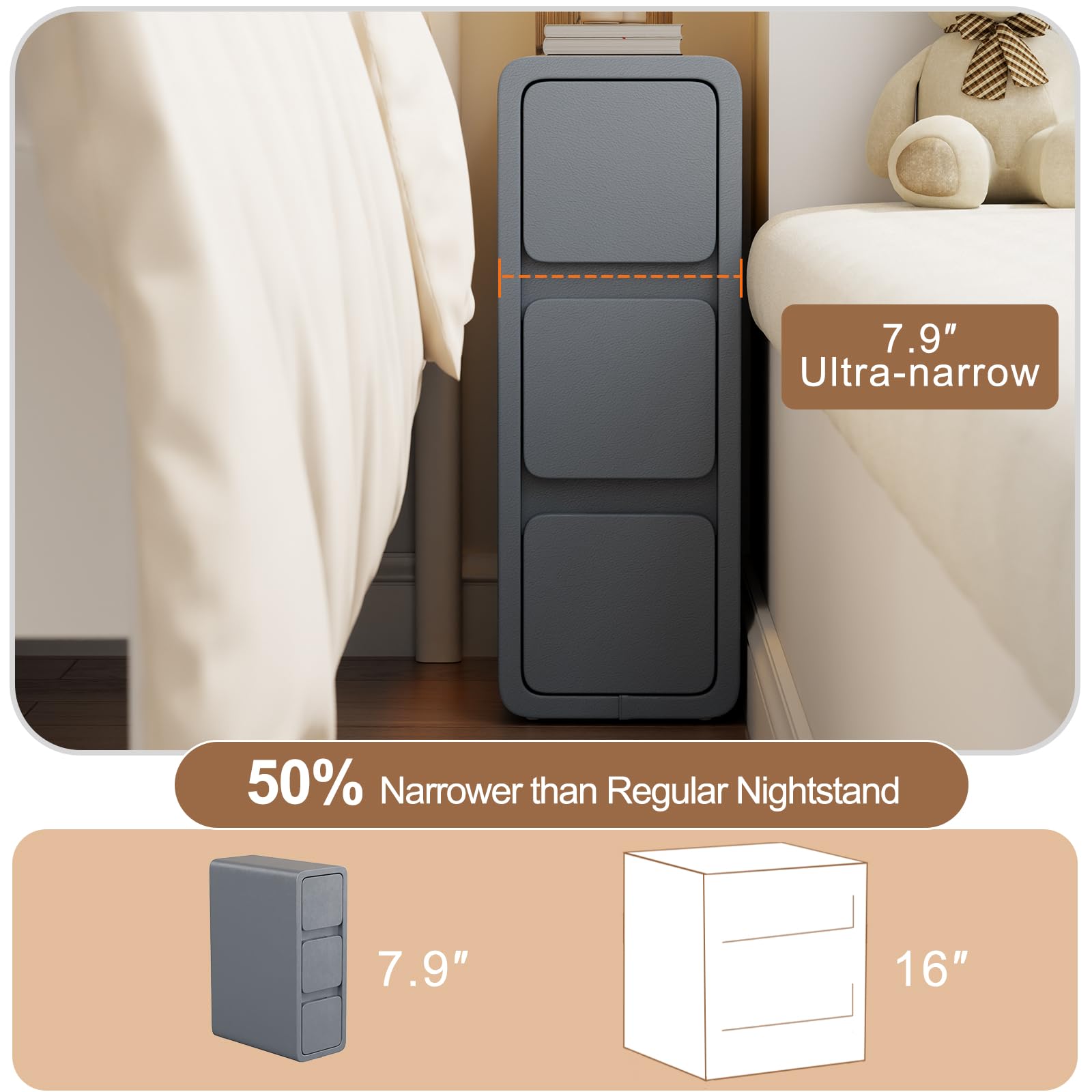 AQIMUELE Small Bedside Table, Slim Bedside Table with 3 Drawers, Assembled Narrow Side End Table with Leather Surface for Bedroom, 20cm, Dark Gray
