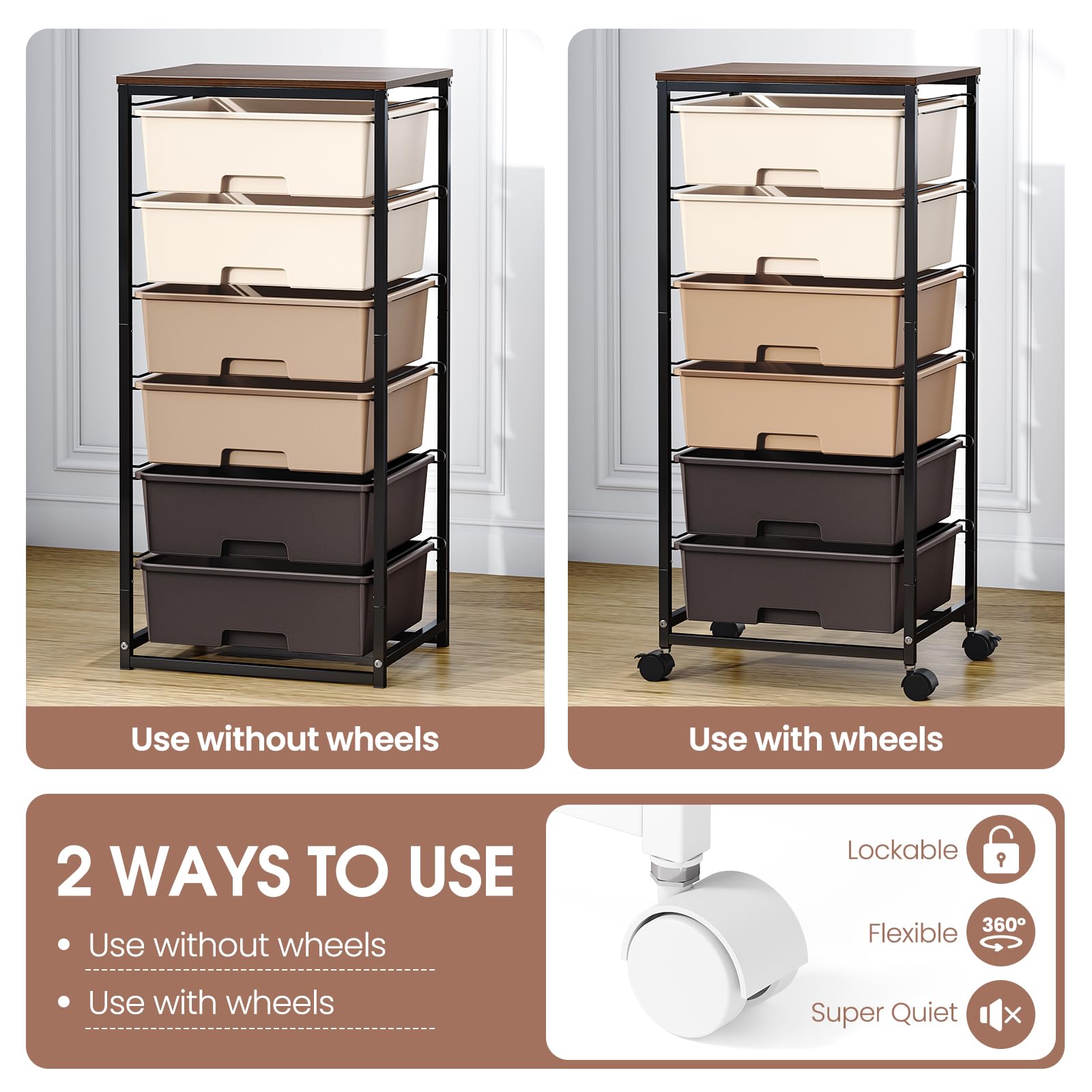 6-Drawer Craft Organizer Trolley Cart with Wooden Top, Brown