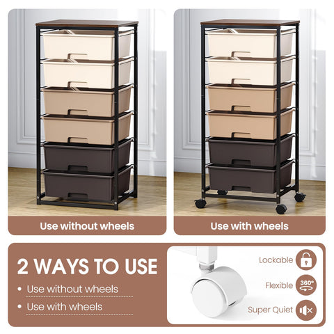 6-Drawer Craft Organizer Trolley Cart with Wooden Top, Brown