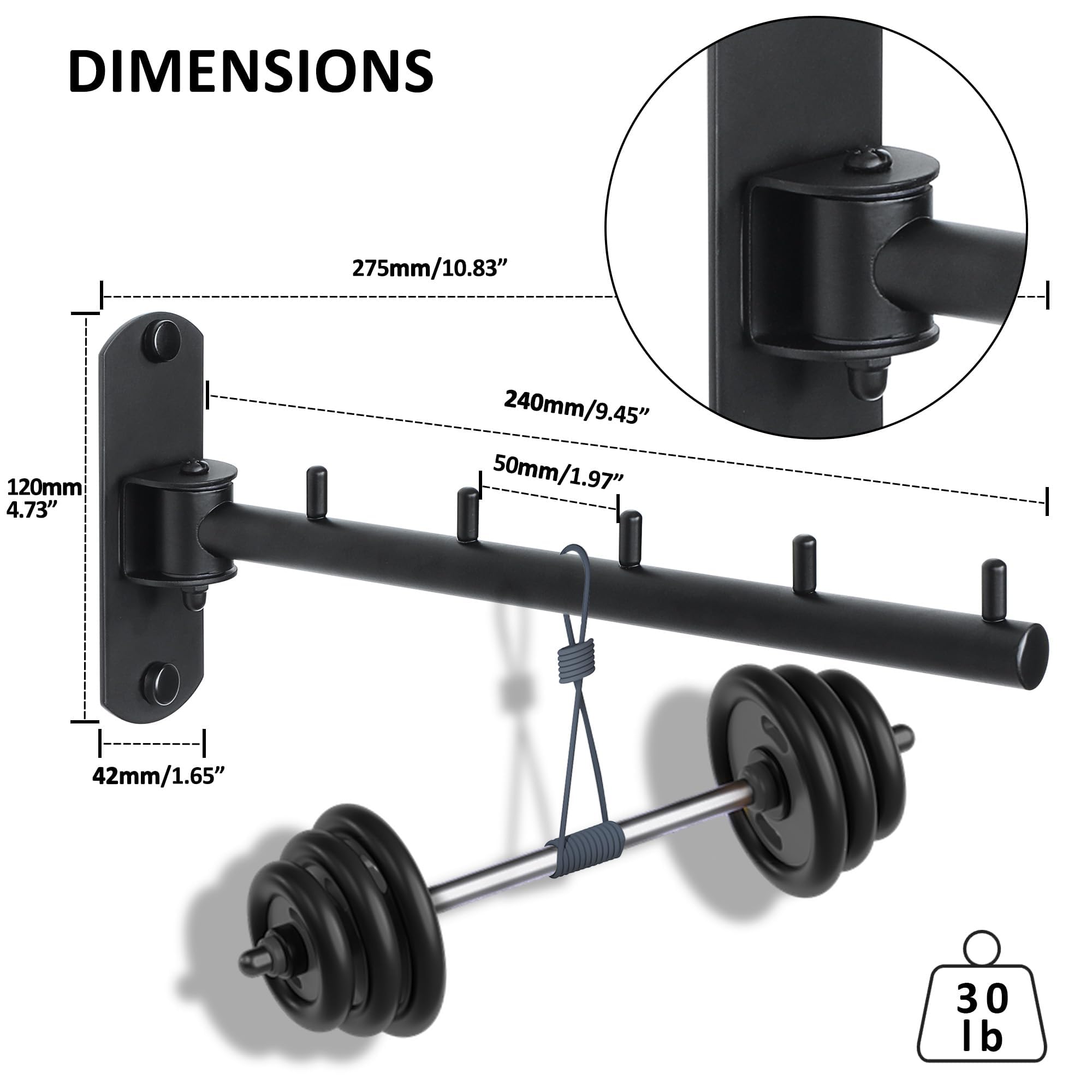 Mooche Clothes Rail Wall Mounted Black, Swivel Rail, 27CM