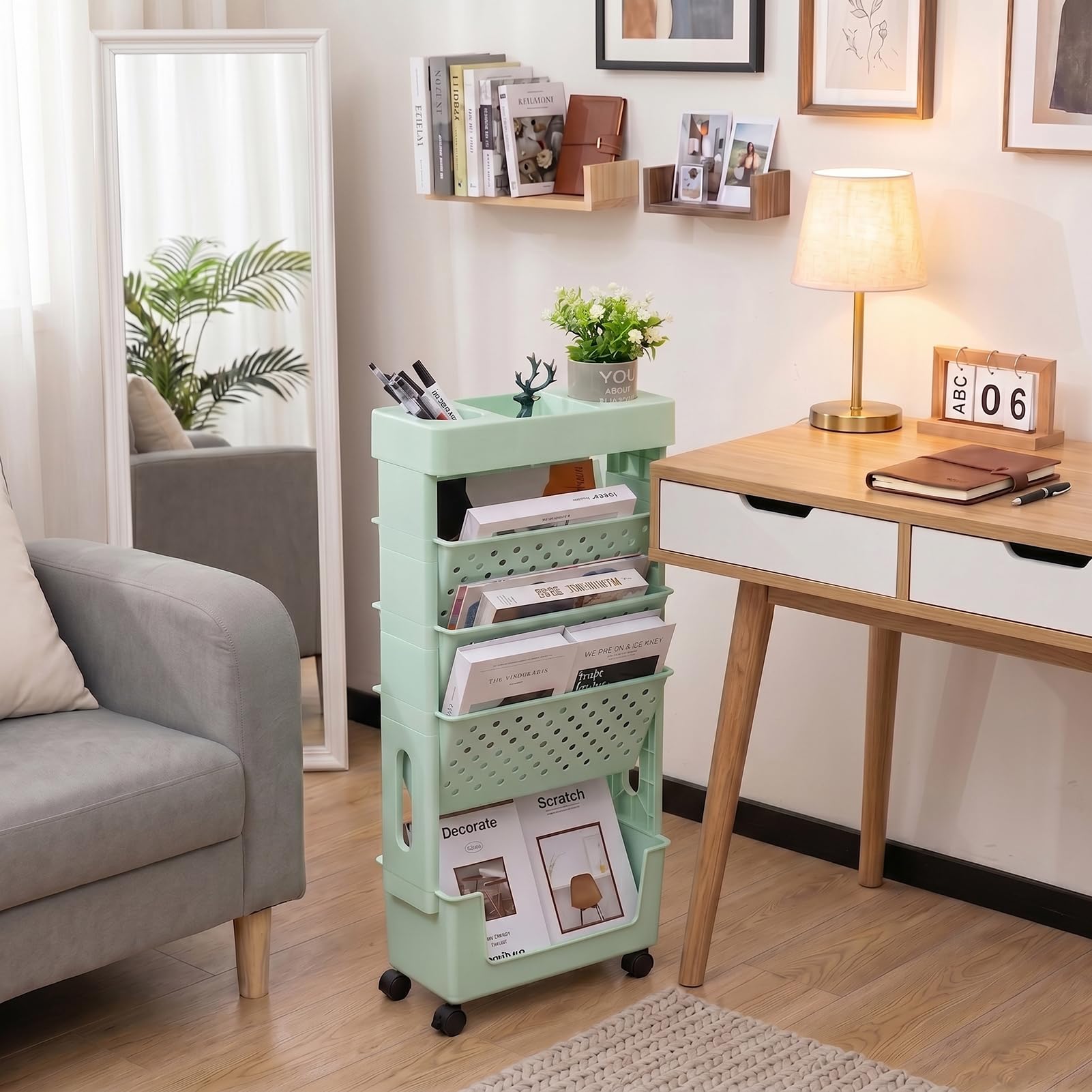 DOEWORKS Mobile Bookshelf with Wheels Small Rolling Book Storage Trolley Craft Trolley Art Trolleys 5-Tier Slim Bookcase Movable Bookshelf for Living