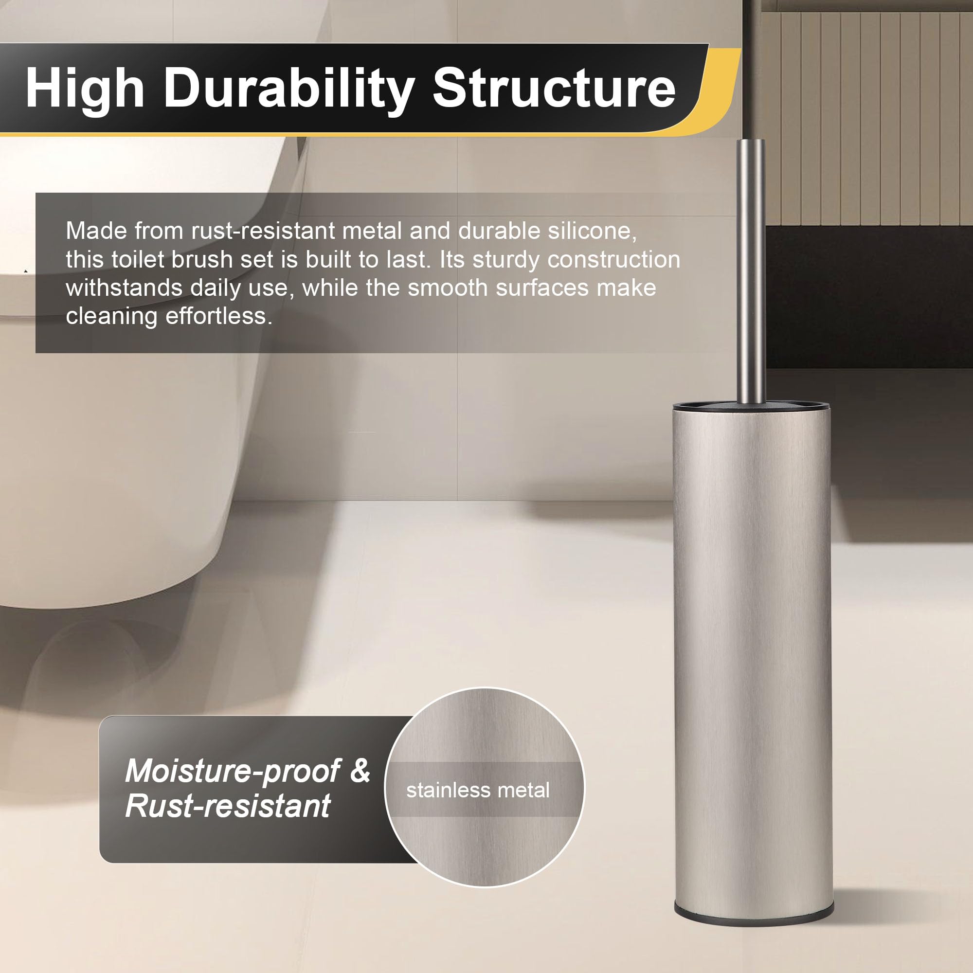 DAZI Metal Standing Toilet Brush, Silicone Bathroom Brush with 2 Brushes Long Handle Basin for Deep Cleaning of the Washbasin