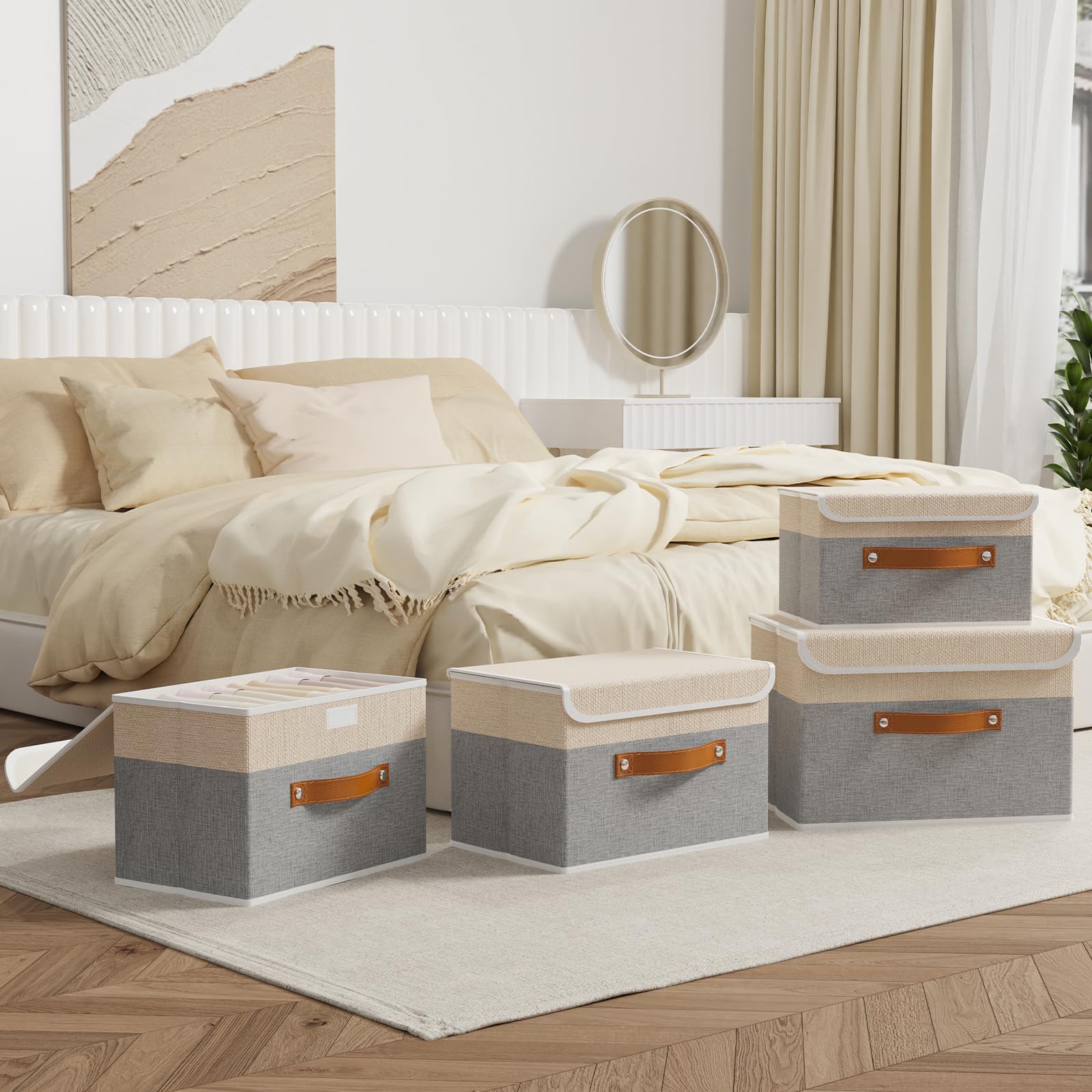 OUTBROS 2 Pack Fabric Storage Boxes with lids, 45x30x30cm Beige/Grey