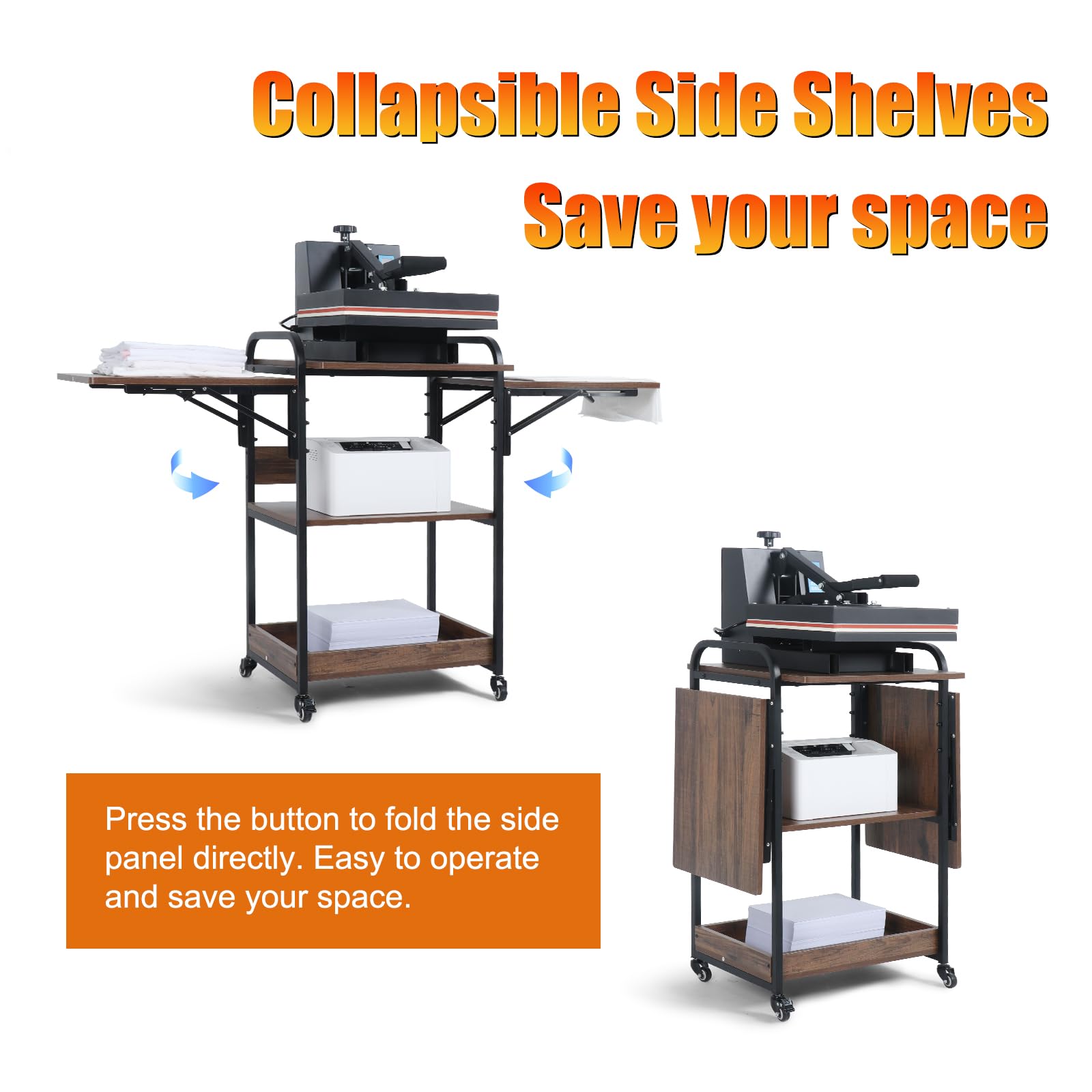 Kokorona Heat Press Stand Table with 3-Tier Storage, Heavy Duty Movable Metal Workbench with Folding Shelf, Easy Install