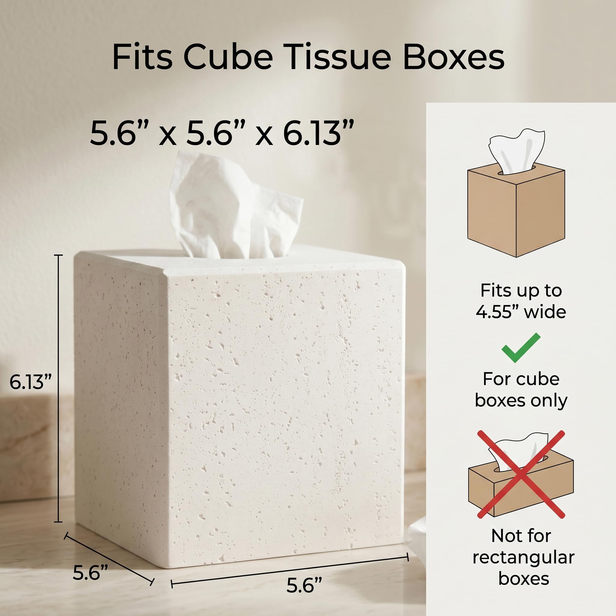 White Tissue Box Cover, Modern Square Decorative Tissue Box Holder with Travertine-Inspired Finish, Removable Magnetic Base Lid
