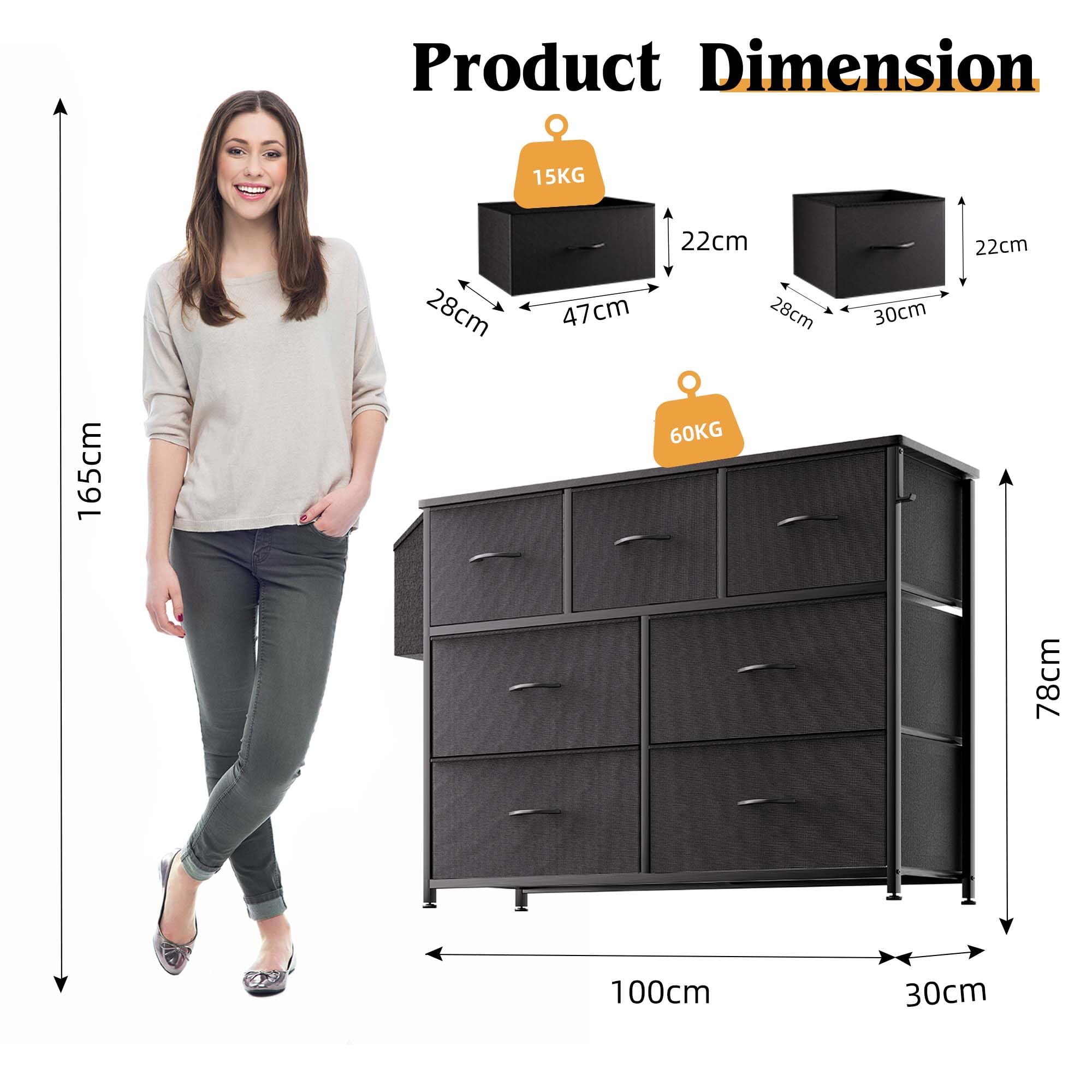 PURFINO Fabric Chest of Drawers - Canvas Storage Unit with 7 Drawers, Label Cards, Side Pocket & Hook for Living Room, Hallway, Bedroom
