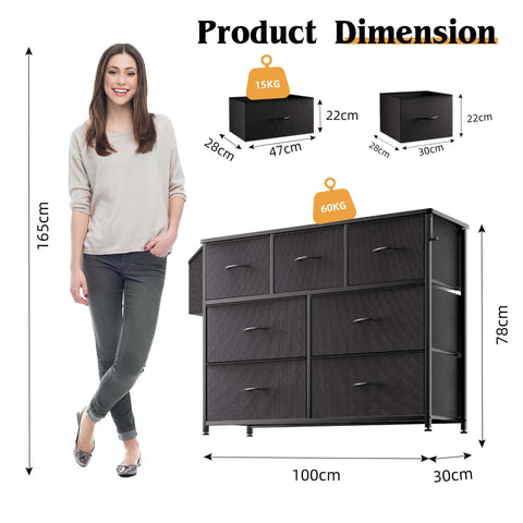 PURFINO Fabric Chest of Drawers - Canvas Storage Unit with 7 Drawers, Label Cards, Side Pocket & Hook for Living Room, Hallway, Bedroom