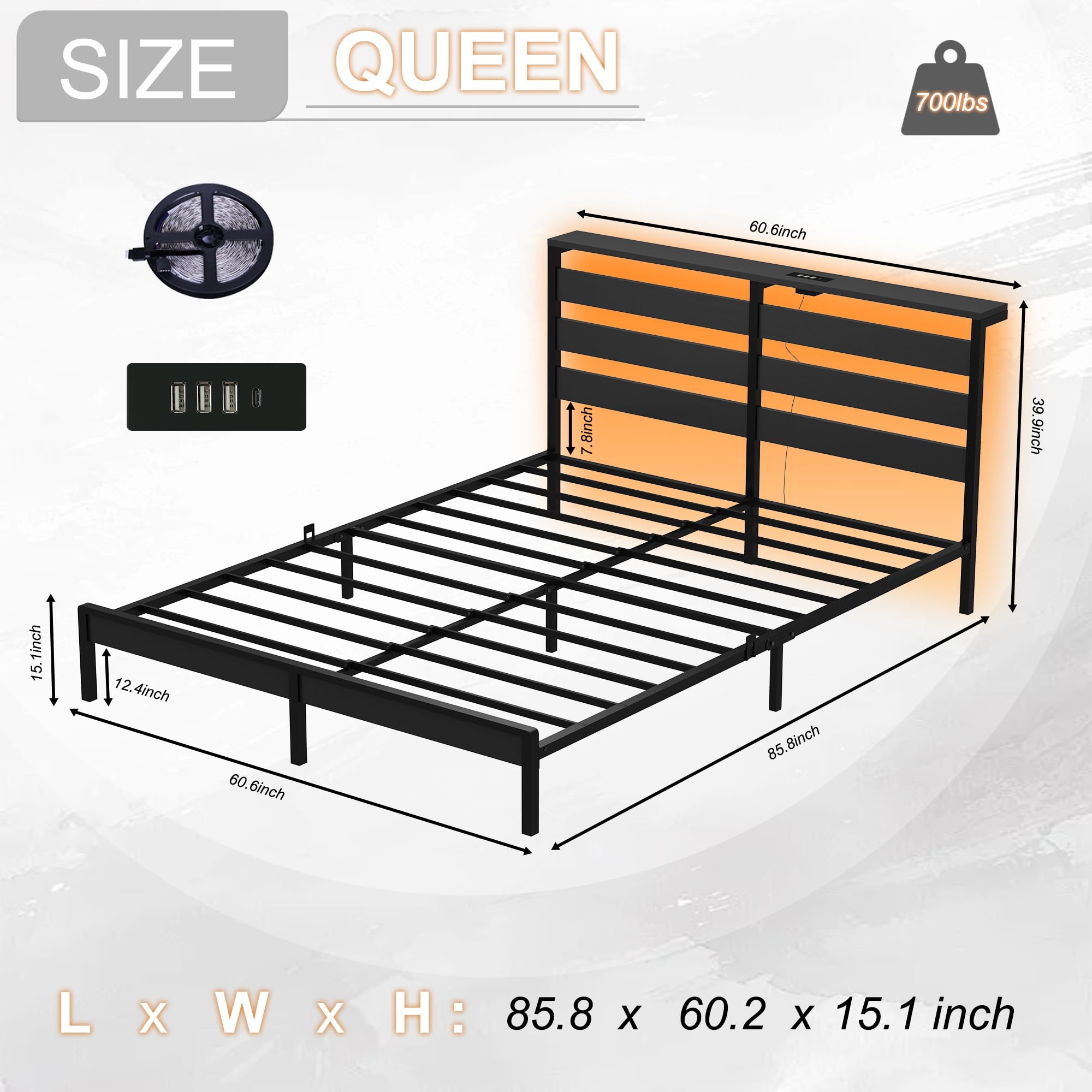 XINBEDEU King Metal Bed Frame with USB Charging Station, LED Lights & Storage Headboard – Heavy Duty Black Platform Bed with 31.5 cm Underbed Storage