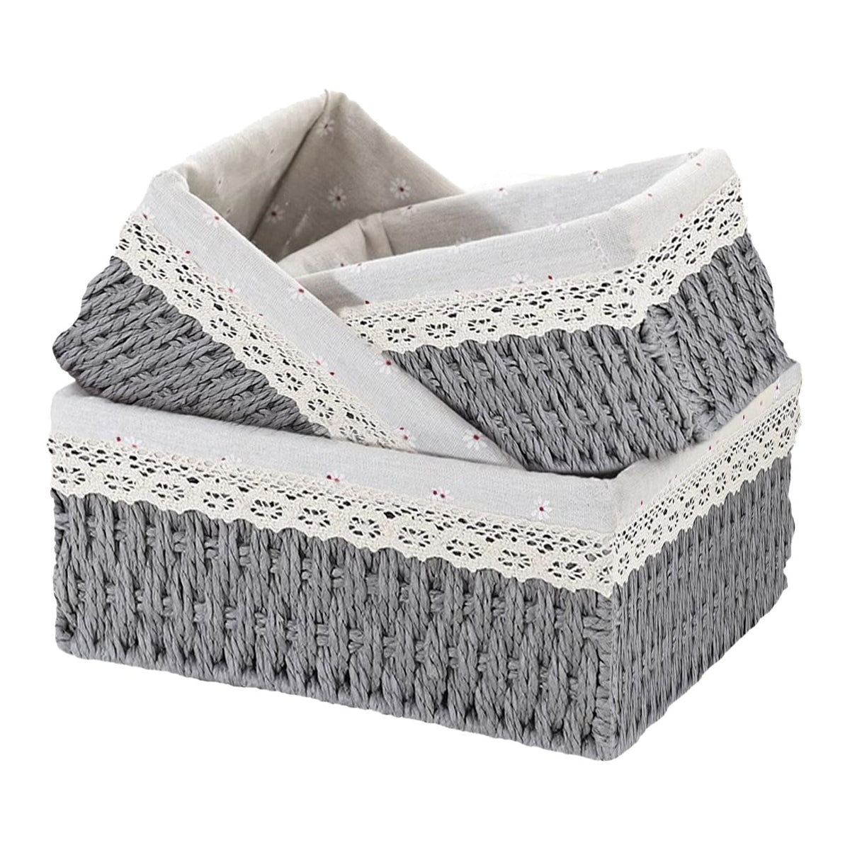 KiKiHong Set of 3 Rope Woven Storage Baskets Grey Wicker Basket