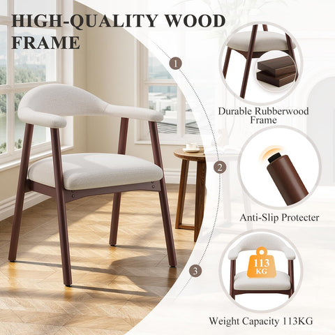 MALOL Wooden Dining Chairs Set of 2, Fabric Chairs for Dining Room with Armrest, Upholstered Kitchen Chairs with Curved Back and Wood Legs for Dining