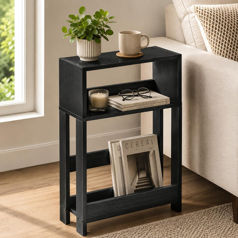 ZEXVIDA Narrow Side Table with Storage Shelf, 3-Tier Slim End Table & Nightstand for Bedroom, Living Room, Sofa Side Table for Small Spaces (Black)