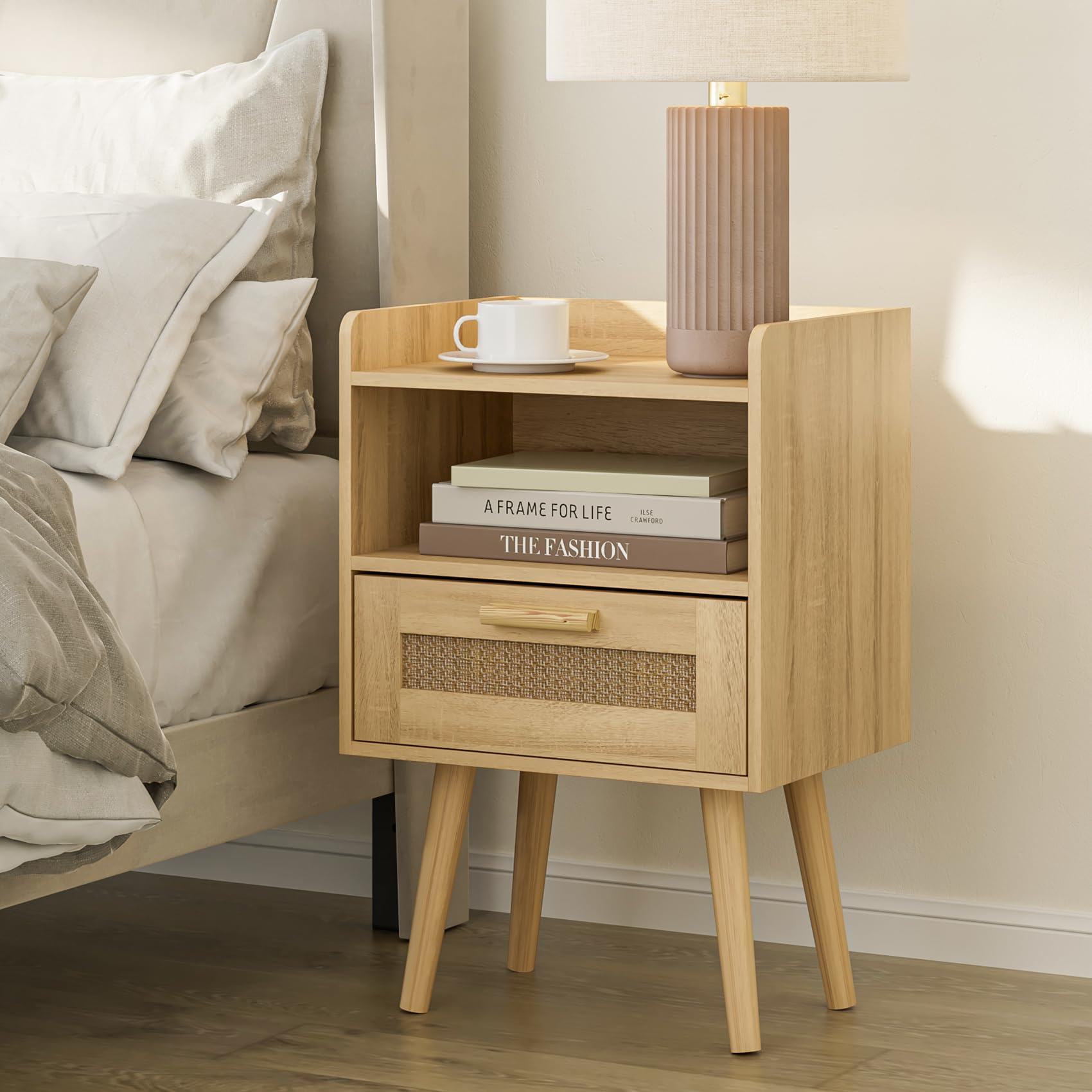 HEYZOEY Bedside Tables,End Table,Rattan Bedside Tables, Side Table with Hand Made Rattan Decorated Drawers,Wood Accent Nightstand with Storage for