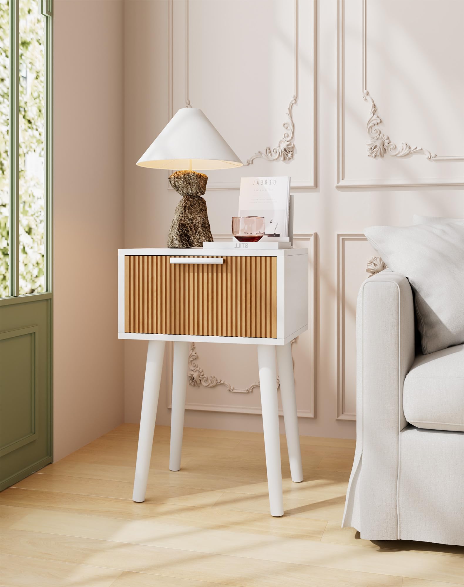 YMYNY Fluted Nightstand Set of 2, Small End Table, Modern Coffee Table with Drawer, Solid Wood Legs, Retaining Chain, 35x27x53cm