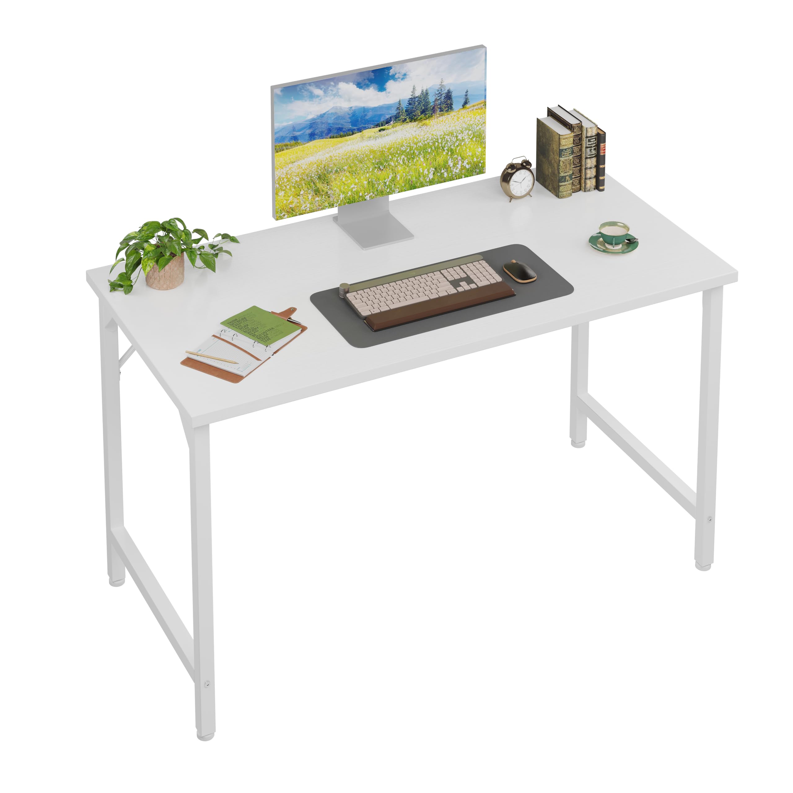 Grandder 120 cm Computer Desk, Home Office Desk Study Writing Kid Table, Simple PC Work Desk, Adjustable Feet, White