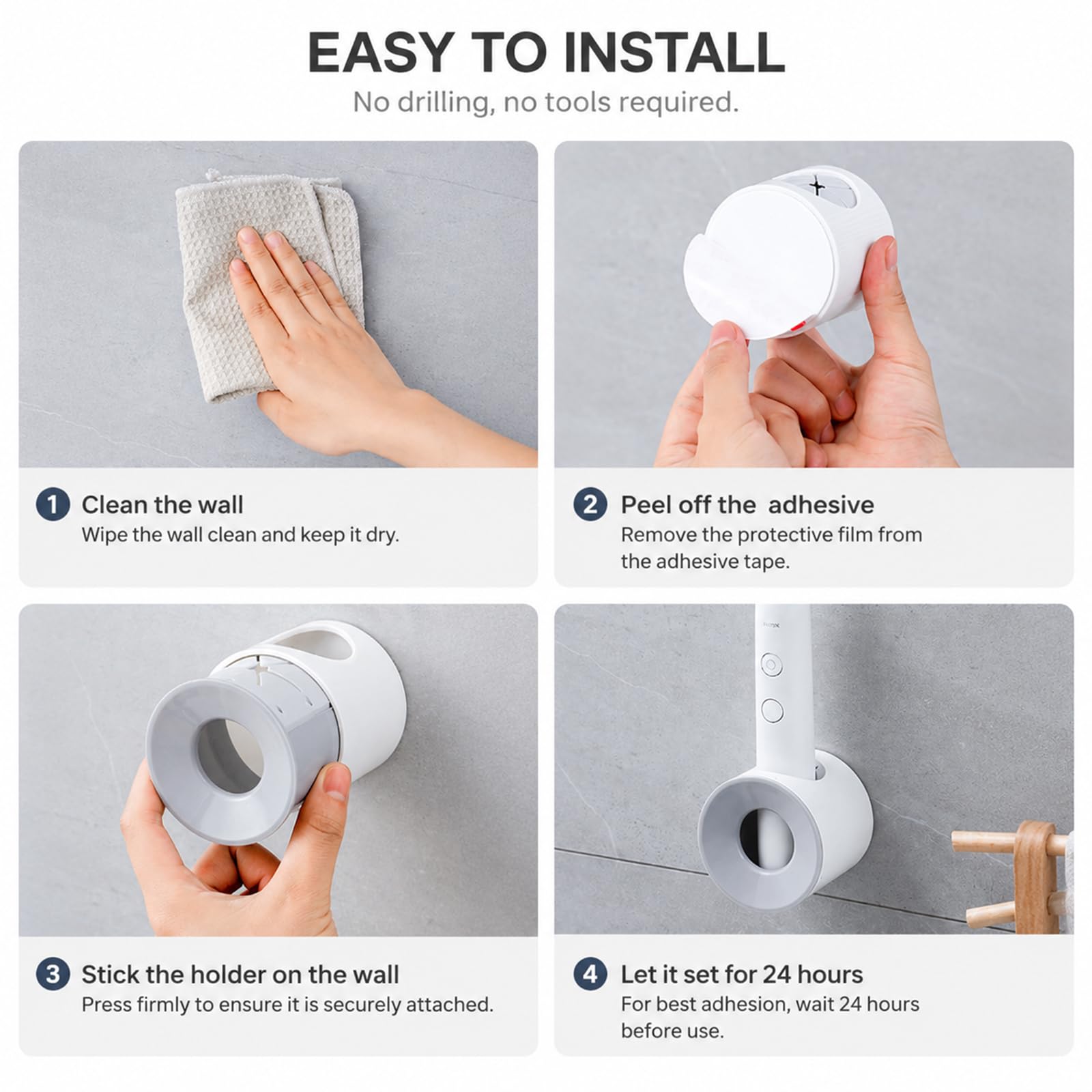 2Pcs Wall Mounted Electric Toothbrush Holder, No Drilling Self Adhesive Organiser with Drain Holes, Removable Toothbrush Storage Caddy