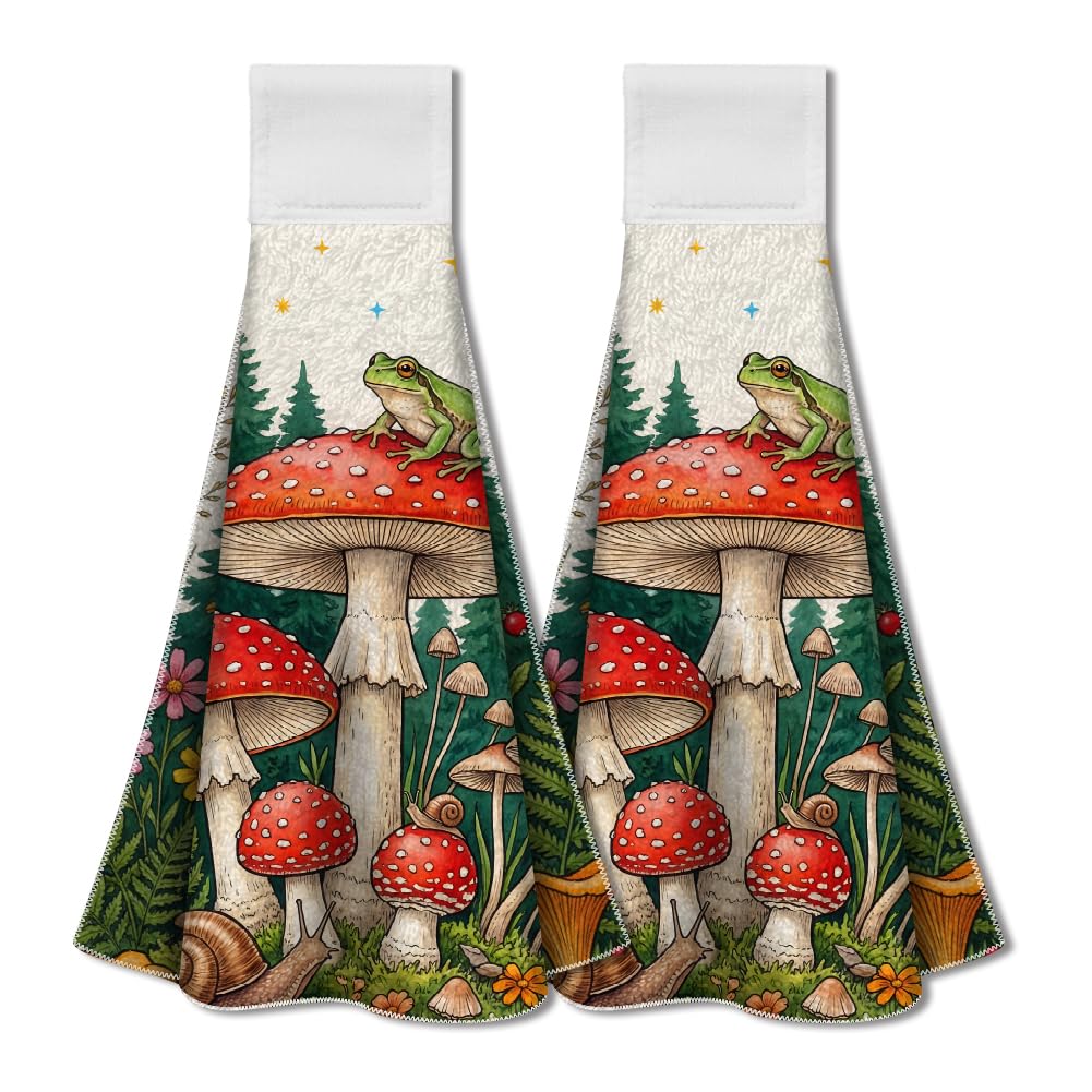 WADORN 2 Pack Forest Mushroom Kitchen Hanging Towels with Loop, Rustic Mushroom Hand Tie Towel Microfiber Soft Absorbent Dish Tea Washcloth for Home