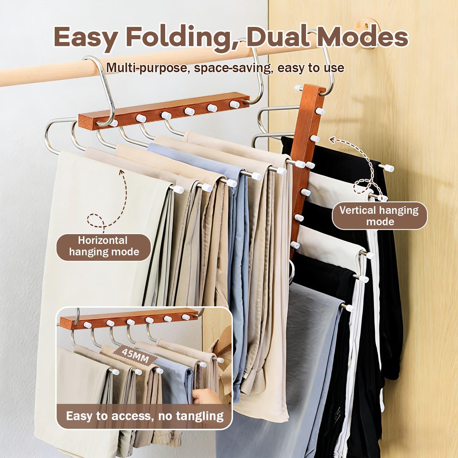 Trouser Hangers Space-Saving, 2 Pack Wooden Foldable with Anti-Slip Hooks