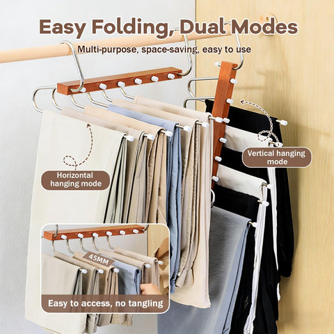 Trouser Hangers Space-Saving, 2 Pack Wooden Foldable with Anti-Slip Hooks