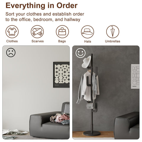 AQIMUELE Coat Stand, Woodem Coat Rack Stand - Cactus Design with 6 Hooks, Sturdy and Easy Assembly for Hallway Entryway, Hat Stand for Clothes (Black)