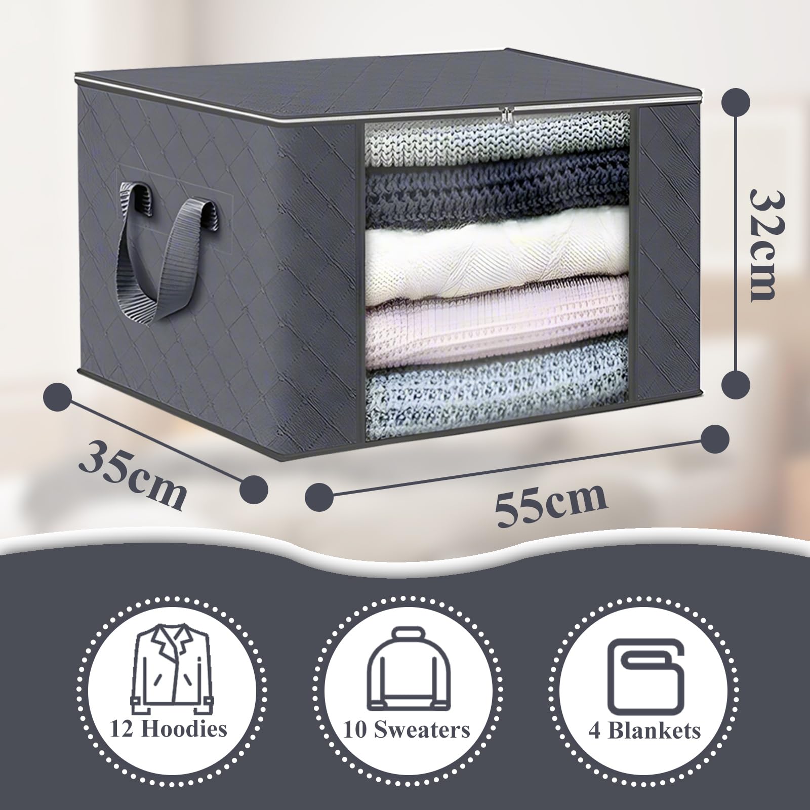 ASelected 3 Pack Clothes Storage Bag, 60L Underbed Storage Boxes with Lids, Foldable Moving Boxes with Clear Window Storage for Clothes Duvets