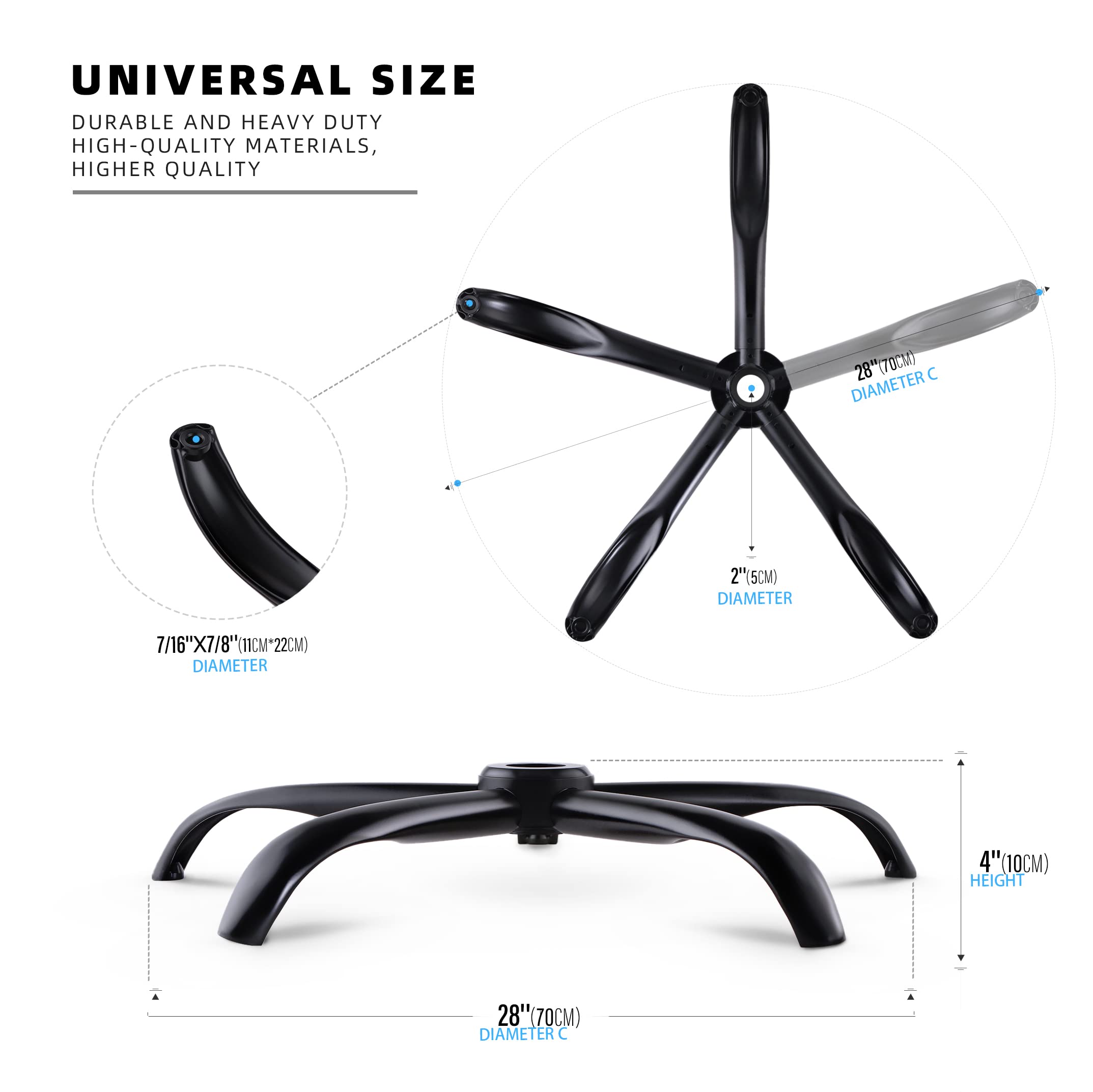 Sytopia Office Chair Base Replacement, Heavy Duty 28 Inch Chair Bottom Part, 2200 Lbs Capacity, Universal Caster and Gas Cylinder Size, Matte Black