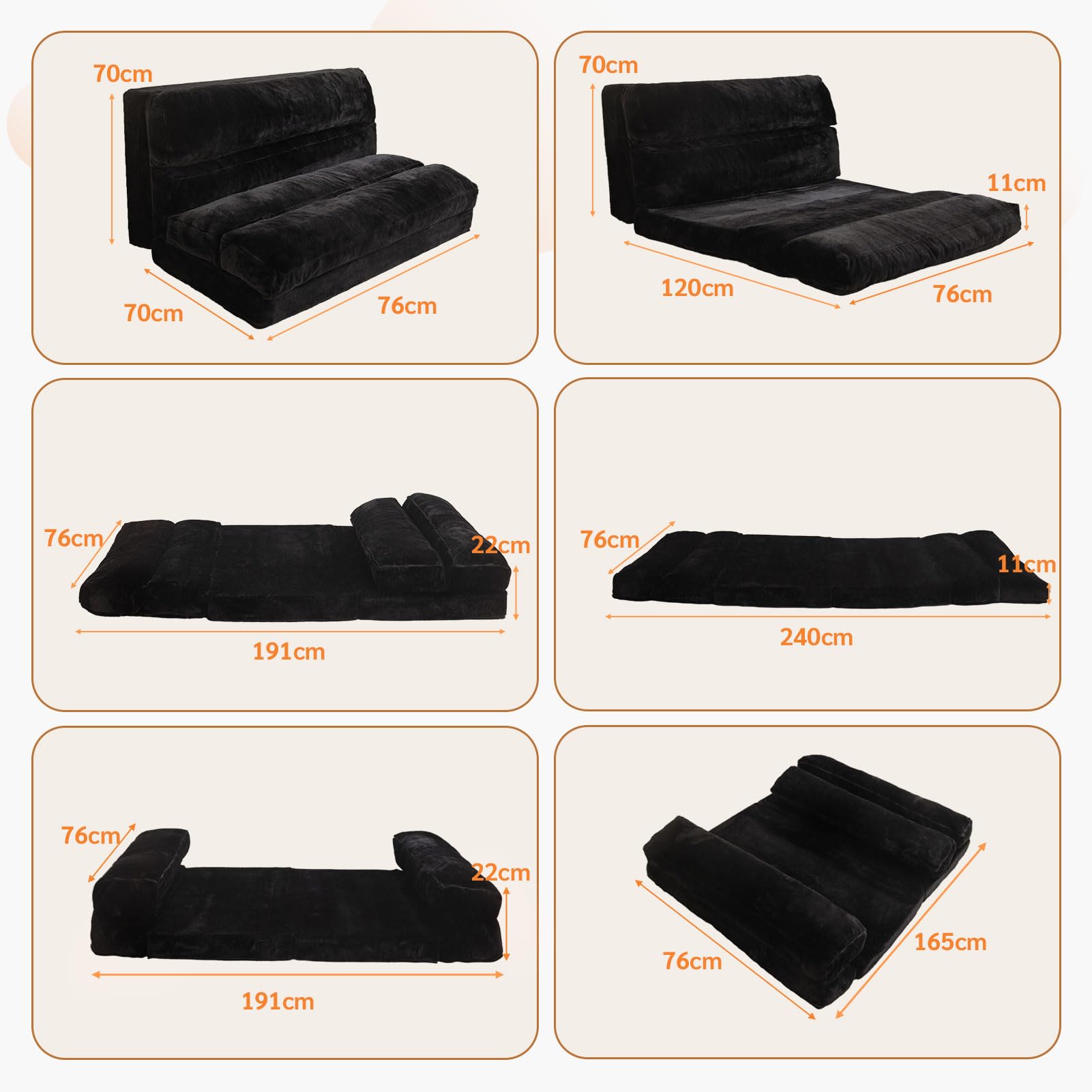 MAXYOYO Bean Bag Bed Folding Sofa Bed Mattress for Adults, Extra Thick 6 Fold Floor Couch for Bedroom Living Room, Black, 75x240 cm