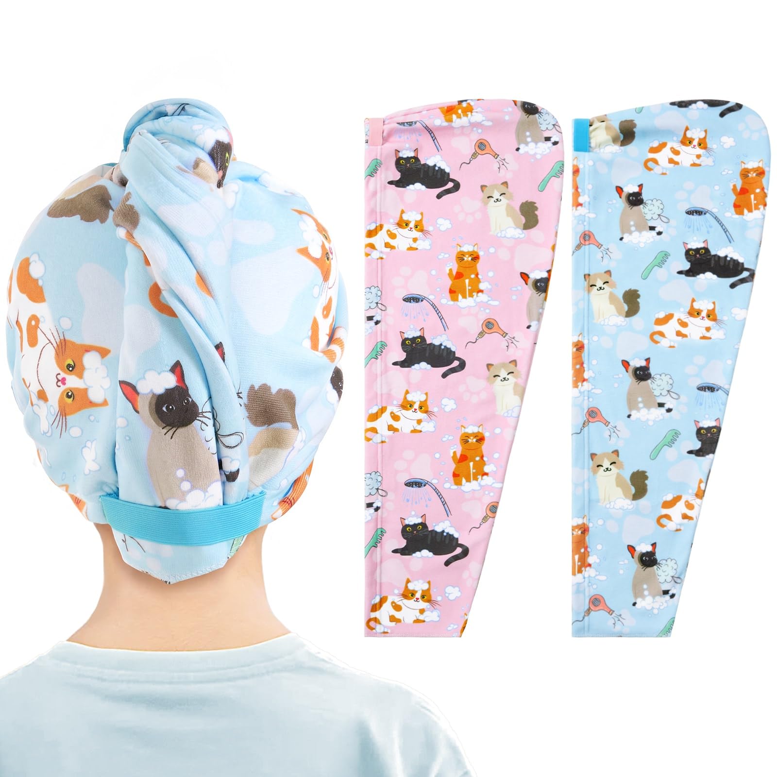 WAWSAM 2 Pack Kids Hair Towel Wrap for Girls, Microfibre Hair Turban Towel Fast Drying, Hair Towel Wrap with Elastic Strap for Long Hair