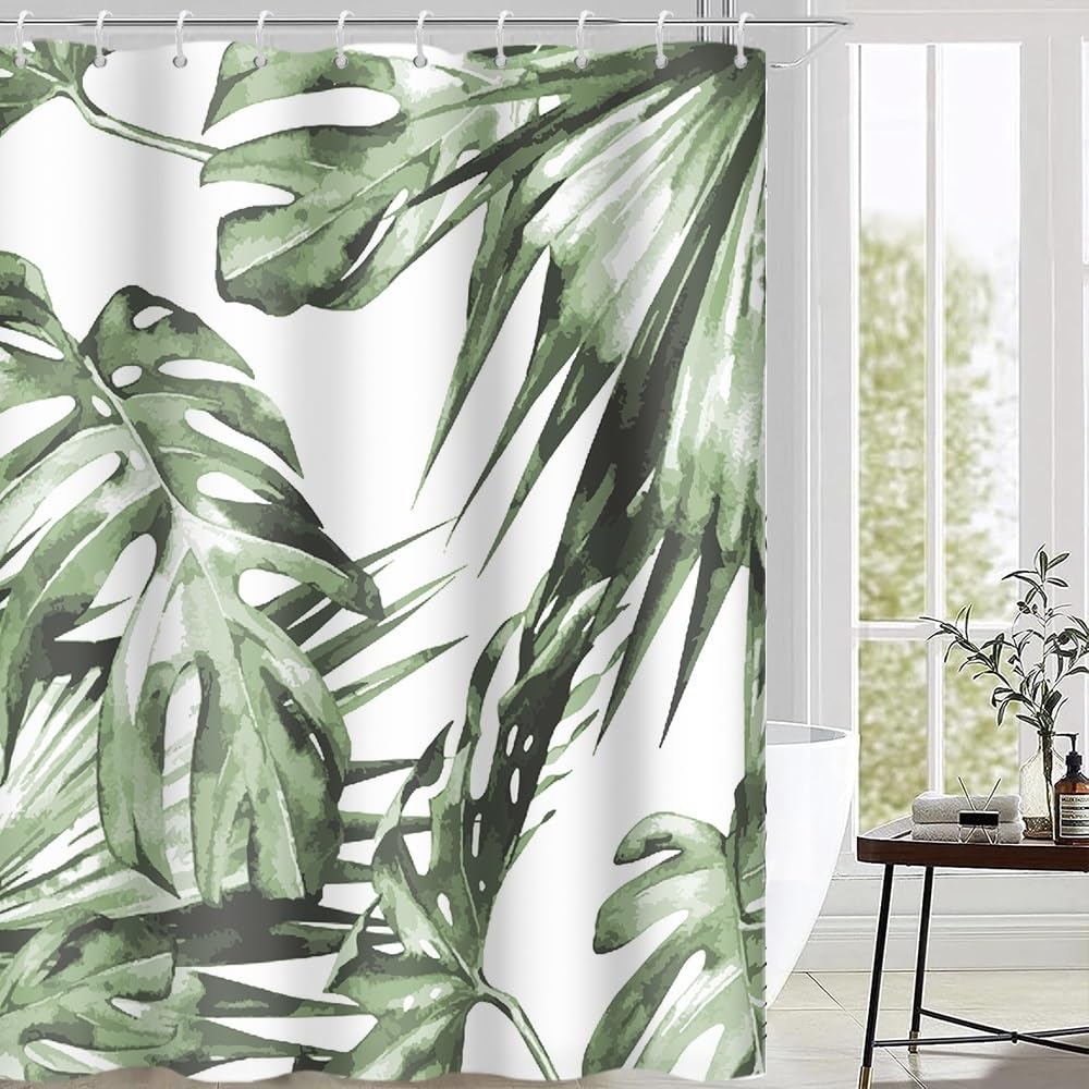 Uiiooazy Anti-Mould Shower Curtain, 180 x 180 cm Tropical Green Palm Leaves Jungle Bath Curtains Washable Fabric Waterproof Polyester Bathroom