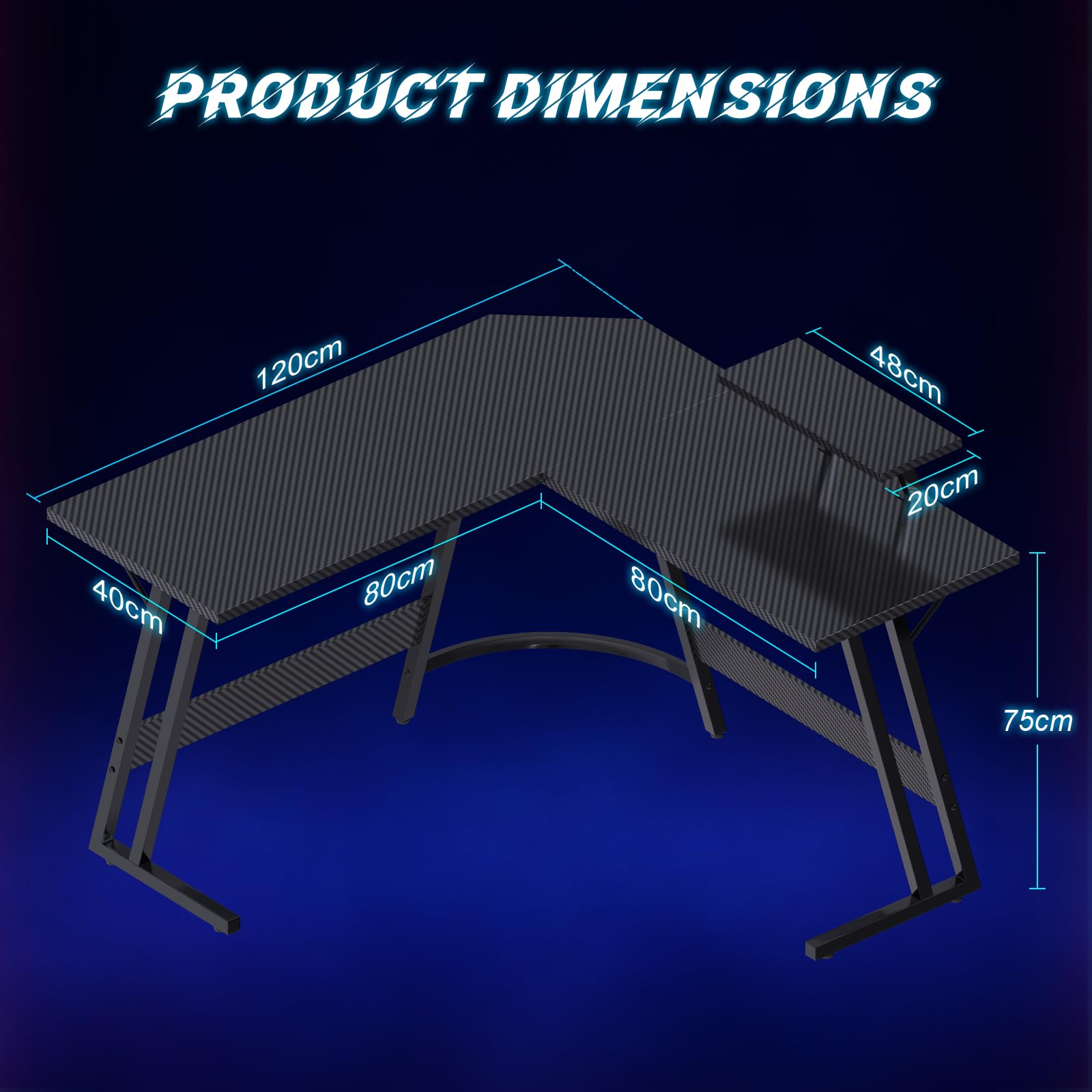 JUMMICO L Shaped Gaming Desk with Large Monitor Stand,120x120x75cm Corner Desk for Home Office Study Writing Workstation, Carbon Fibre Black