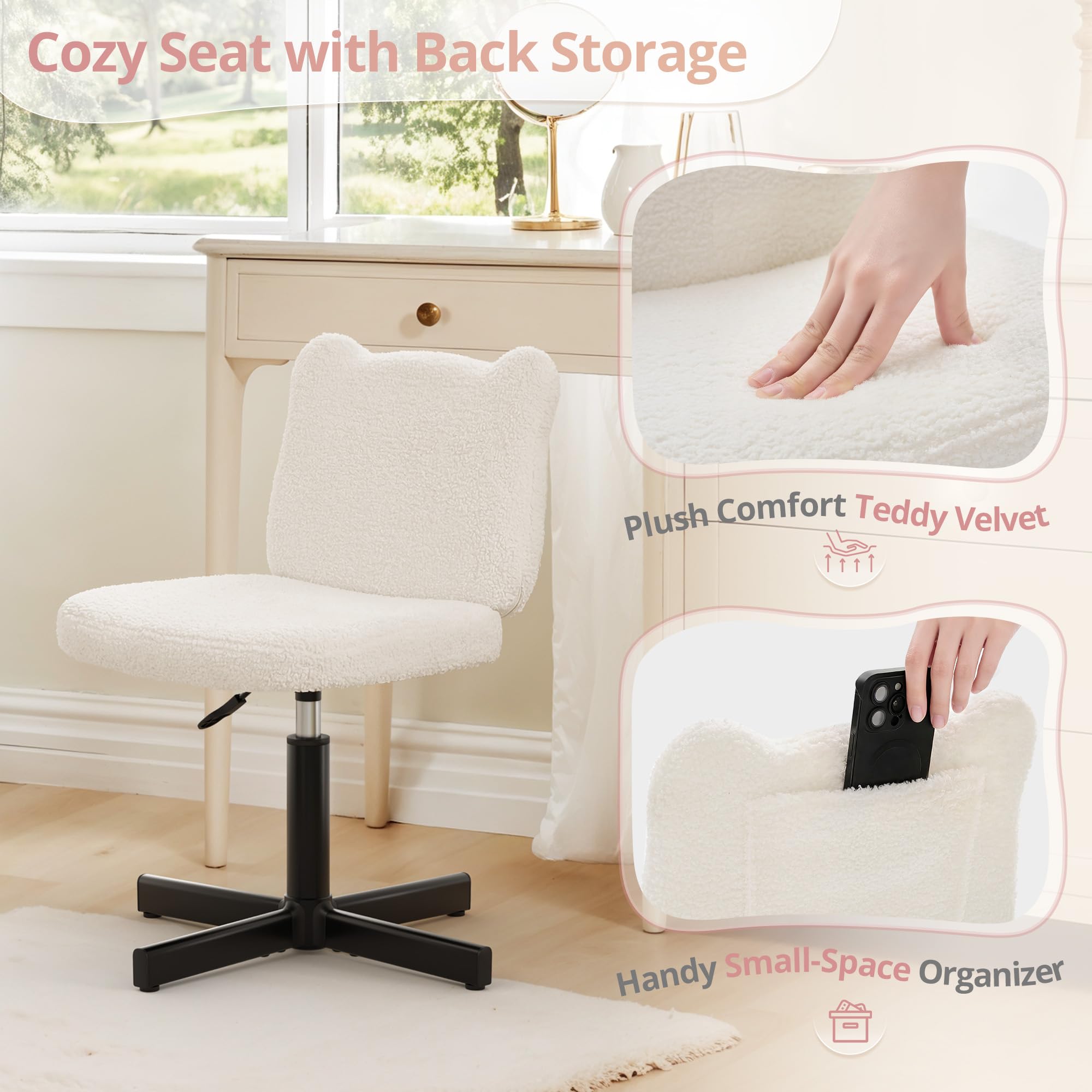 LUE BONA 360° Swivel Vanity Stool with Bear Ear Backrest, Height Adjustable Teddy Velvet Dressing Table Chair, Beige