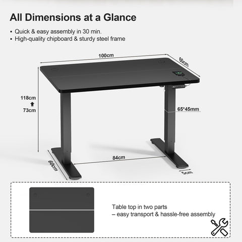 JUMMICO Electric Standing Desk 100x60cm – Height Adjustable with USB Charging, Sedentary Reminder, Memory Heights for Home Office Use, Black