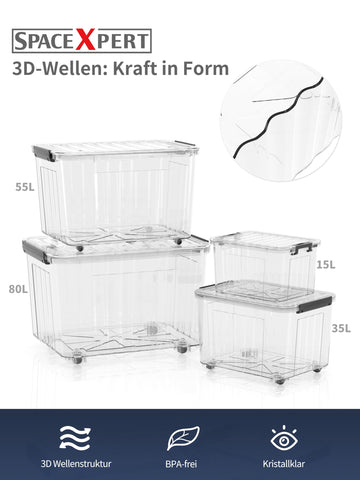 SpaceXpert Plastic Storage Boxes with Lid, Striped Storage Box 15L, Stackable Container for Home Office Accessories, Clear Bins, Polypropylene