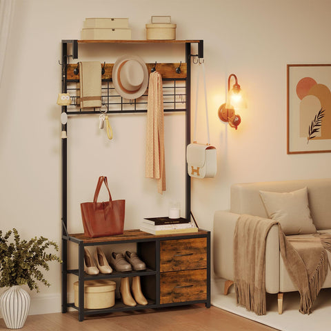 HOOBRO Coat Rack with Shoe Storage Bench, Coat Stand with Hooks and 2 Drawers, 4-in-1 Design, Coat and Shoe Rack, for Hallway, Entryway, Living Room