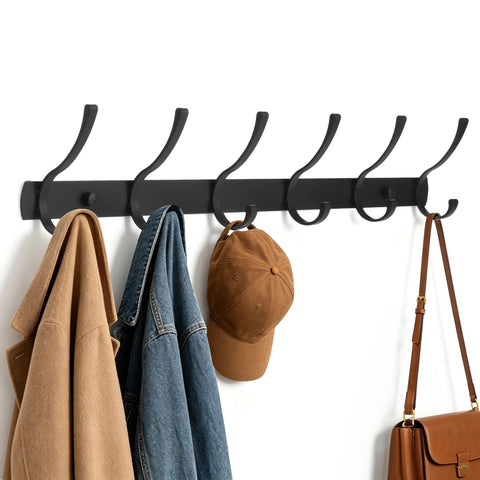 YAGOKKI Wall Mounted Coat Rack, 17.3 in Heavy Duty Coat Rack with 6 Double Hooks, Space Aluminum Rail for Hanging Coats, Hats, Bags