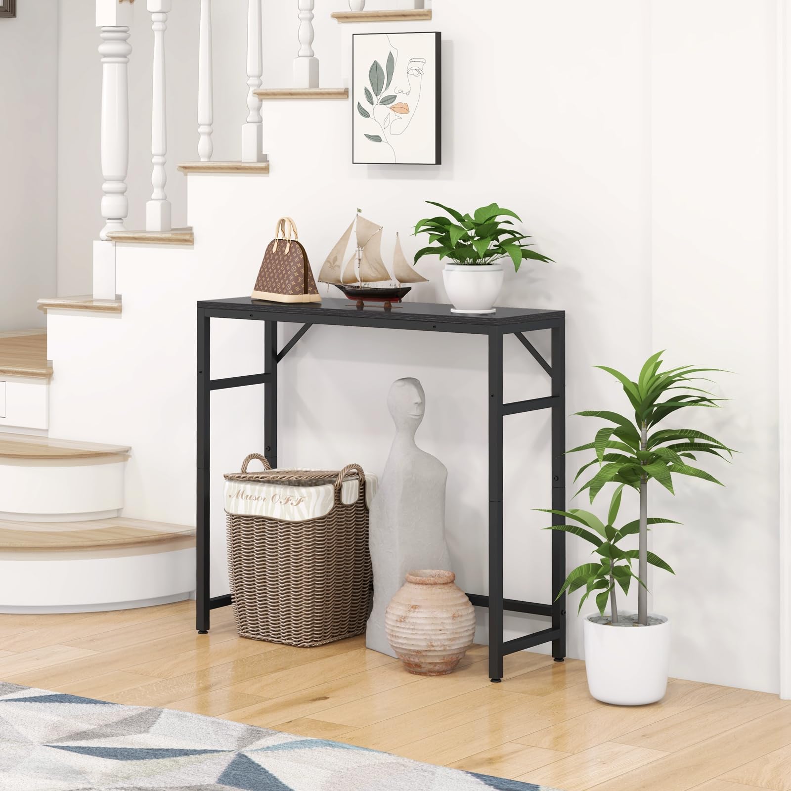 Livofloral Narrow Console Table, 75 cm Entryway Table with 2 Support Bar, Thin Sofa Table, Small Couch Table, Display Table