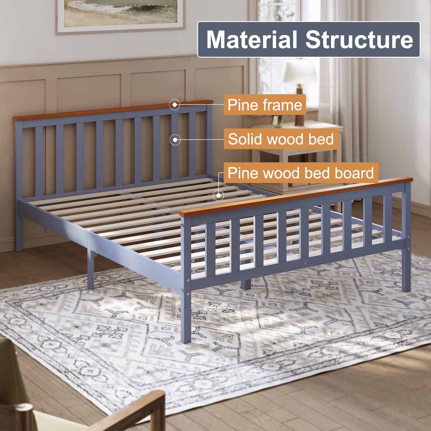 ELEGANT Double Solid Wood Bed Frame with Slatted Headboard 4ft6, 137x190cm