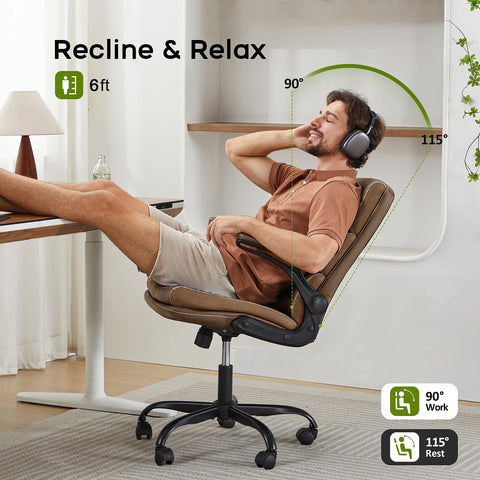 LukkDys Executive Office Chair with Flip-Up Armrests, 3-Stage Lumbar Support, Ergonomic Mid Back PU Leather Swivel Chair