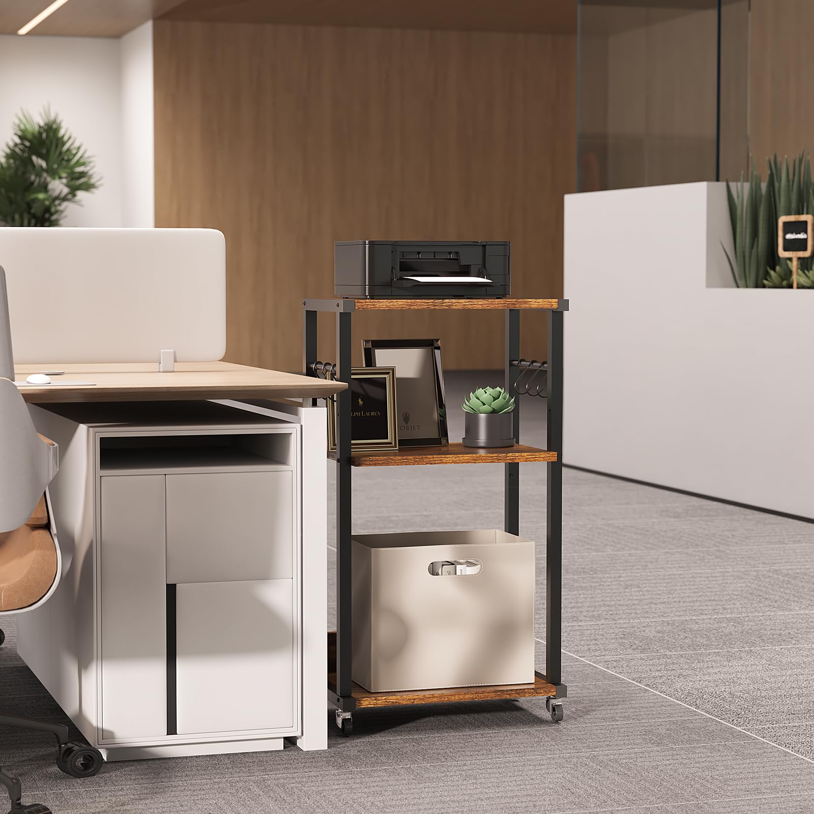 YMYNY 3 Tier Under Desk Printer Cart on Wheels Stand,Natural HPT002H
